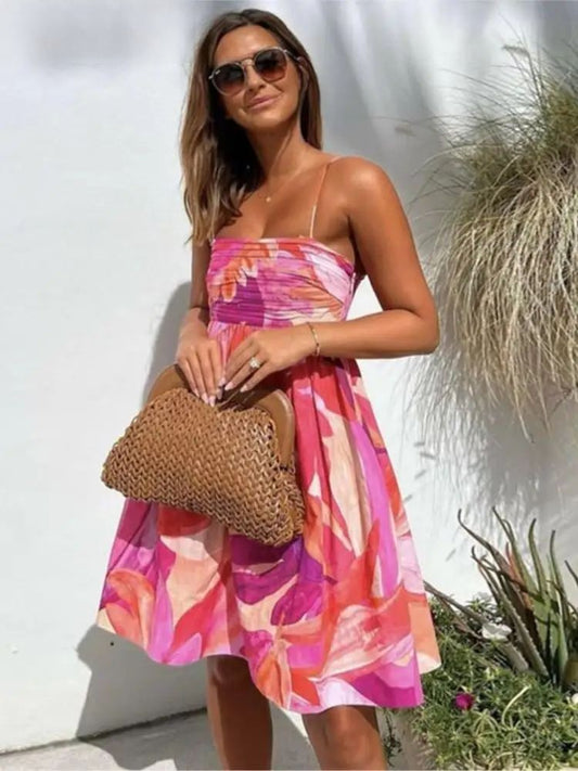 Floral Printed Elastic High Waist Pink Short Dress Women Backless Pleated Pleated Vestidos 2023 Fashion Female Beach Streetwear