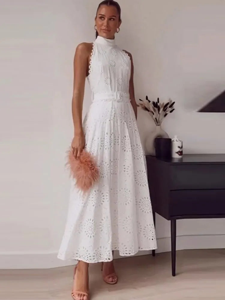 Hollow Out White Belt Sleeveless Long Dress X-shaped High Waist Half High Collar Dress Elegant Fashion Female Lace Midi Dresses