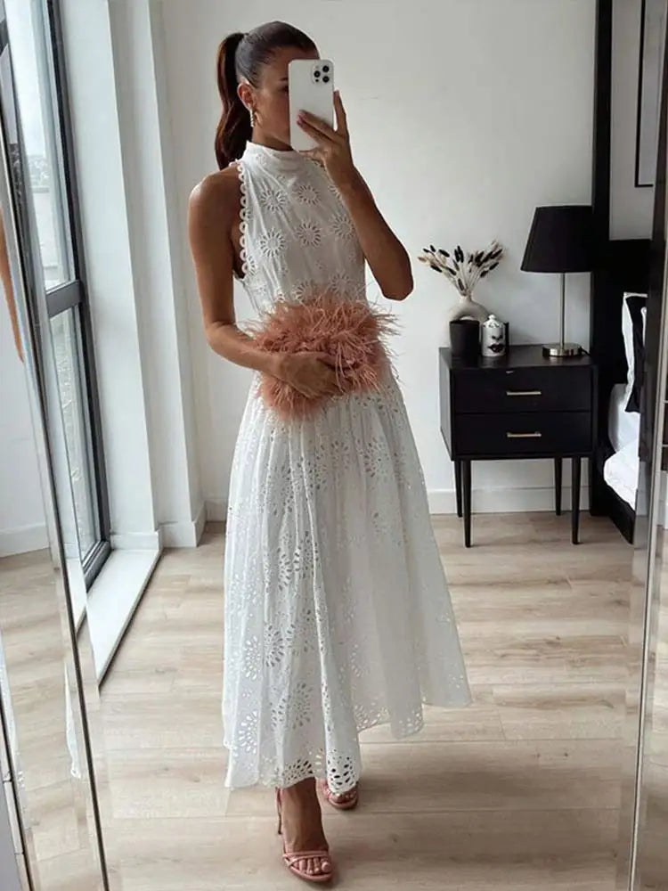 Hollow Out White Belt Sleeveless Long Dress X-shaped High Waist Half High Collar Dress Elegant Fashion Female Lace Midi Dresses
