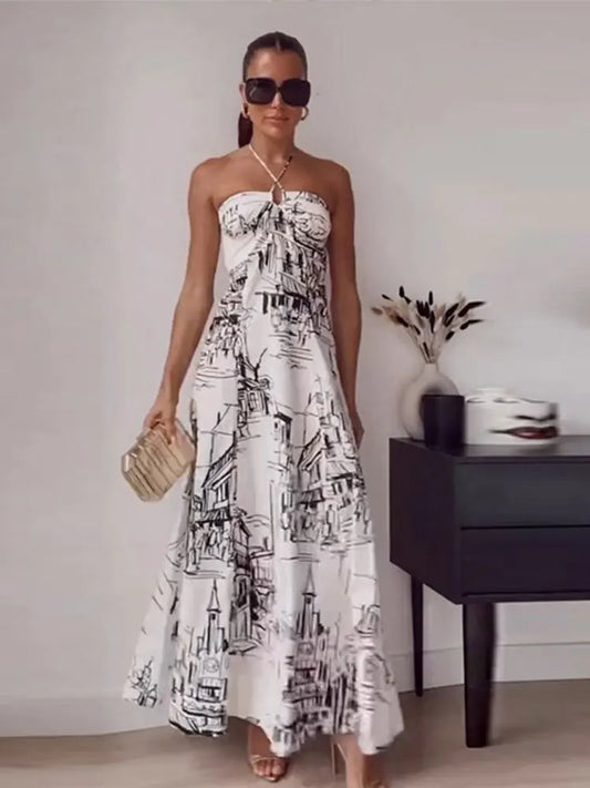 Printing Sleeveless A-line Halter Long Dresses High Waist Slim Fit Spaghetti Strap Midi Dress 2023 Women Vestidos Para Mulheres