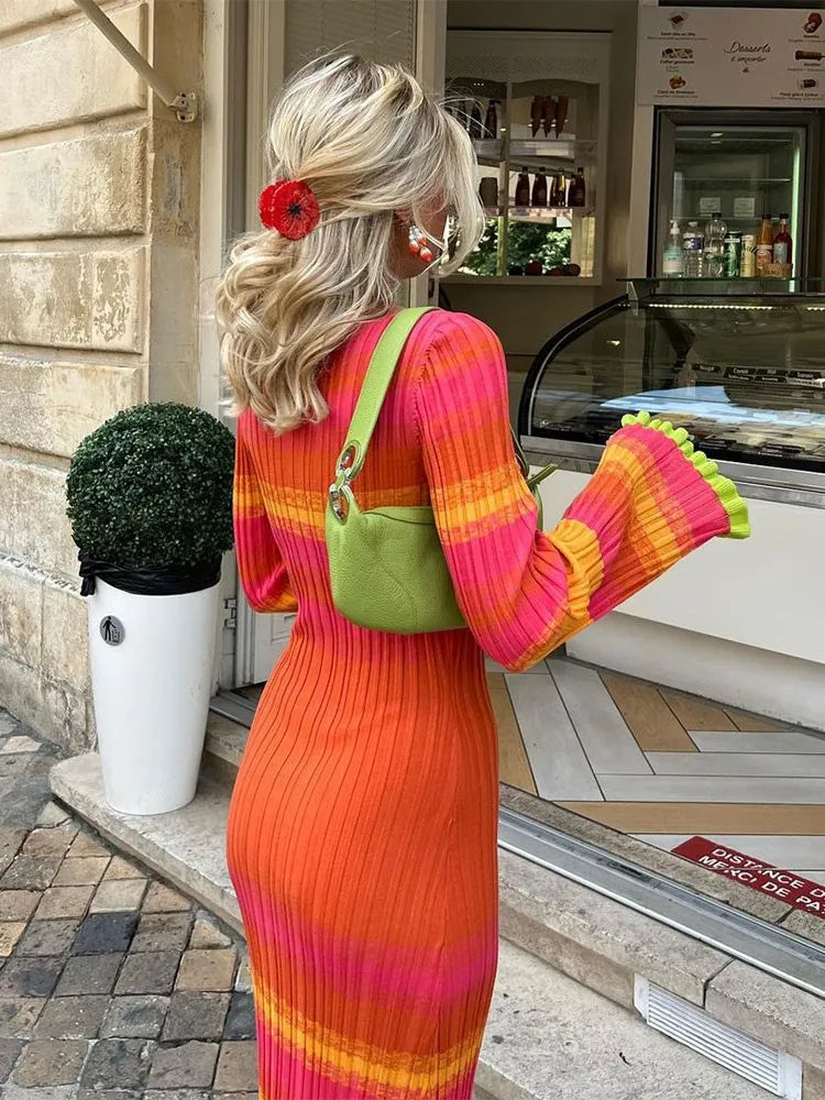 Knitted Patchwork Square Collar Long Dresses Pleated Straight Pagoda Sleeve Slim Vestidos Women Chic Casual Beach Vacation Robes