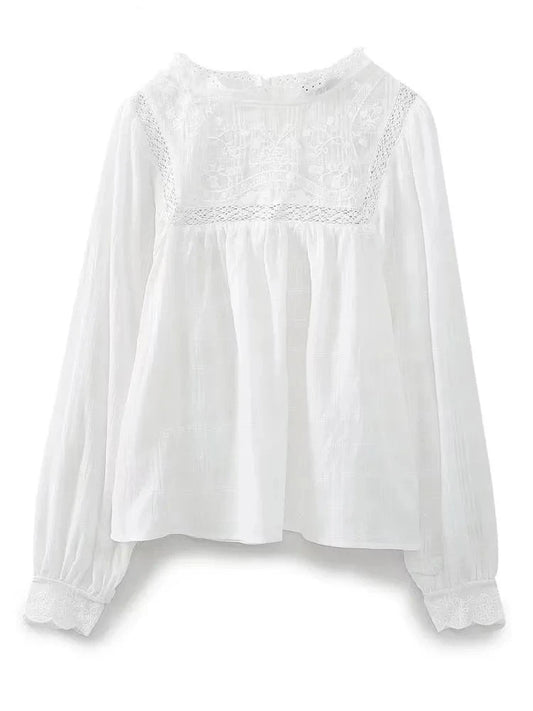 Zevity Women Fashion Flower Embroidery Lace Stitching White Smock Blouse Femme Long Sleeve Casual Shirt Blusas Chic Tops LS3833