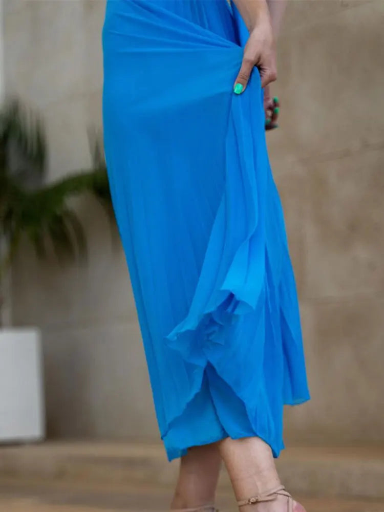 Chiffon Blue Backless Folds Halter Dress Elegant Cut Out Sleeveless Long Vestidos Women 2023 Summer Chic Party Prom Streetwear