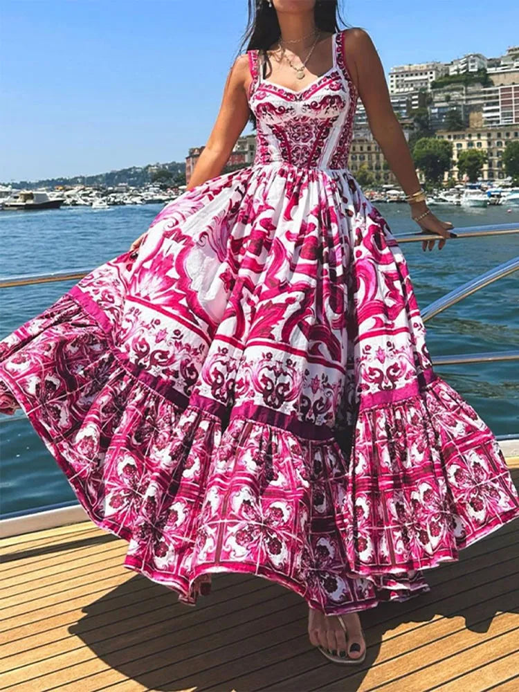 Backless Elastic High Waist Square Neck Sling Dress Pink Print Sleeveless Big Hem Maxi Robes Women Fashion Casual Vacation Style