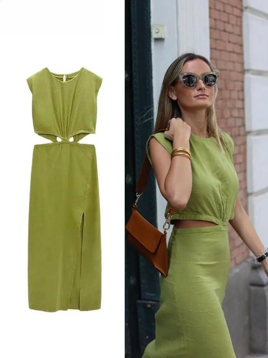 Linen Green Sleeveless Waist Cut Out Long Dresses Casual O-neck A-line Side Split Vestidos 2023 Women Summer Beach Streetwear