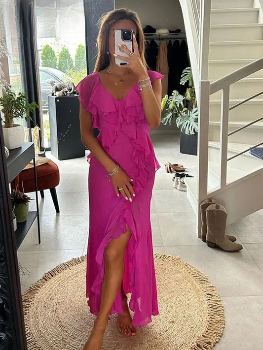 Solid Color Tierred Flying Sleeve Dresses Female Chic Irregular Front Split Long Vestidos Women Elegant Evening Party Club Robes
