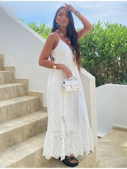 Solid Embroidery Back Lace Up Sling Dresses White Hook Floral Crochet Loose Vestidos Women Summer Casual Beach Vacation Clothing