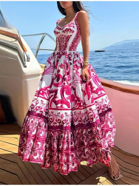 Backless Elastic High Waist Square Neck Sling Dress Pink Print Sleeveless Big Hem Maxi Robes Women Fashion Casual Vacation Style