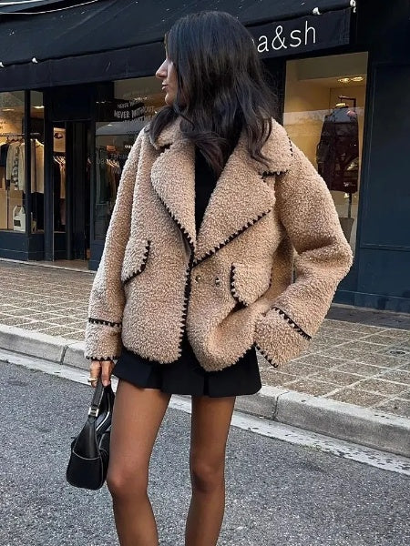 TRAFZA Women Fashion Winter Coats Lambswool New Long Sleeves Loose Cardigan Coat Woman Wild Warm With Pockets Female Jacket