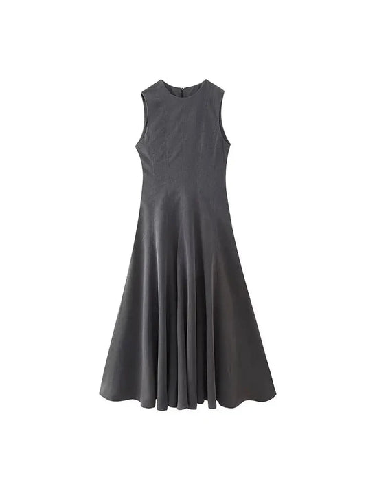 TRAFZA Fashion Midi Dress 2024 Spring Female Solid Grey A-Line Slim High Waist Sleeveless Round Neck Female Elegant Retro Dress