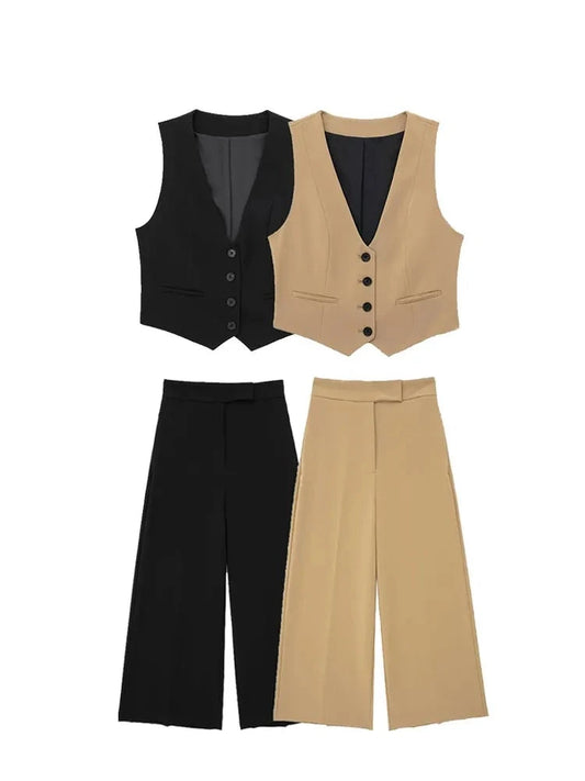 TRAFZA Summer Women's V-neck Single-breasted Sleeveless Suit Vest Suit High Waist Side Pocket Women's Zipper Trousers Suit