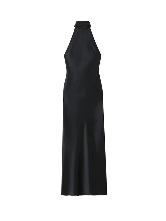 TRAFZA Women Fashion Black Halter Tie Satin Long Dress Sexy Backless Dresses Woman Bodycon Dresses 2024 New Ladies Luxury Party