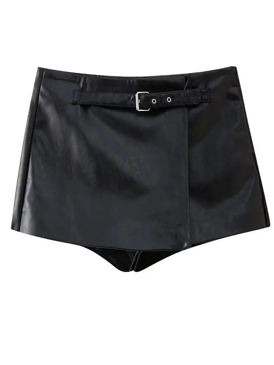 TRAFZA Women Chic Spring Vintage Belt Decoration Black Faux Leather Casual Shorts Skirts Female High Waist Zipper Mini Skirt