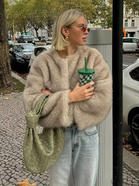 TRAFZA Winter Woman O-Neck Vintage Long Sleeve Loose Streetwear Women Elegant Fashion Artificial Fur Effect Short Jacket Coats