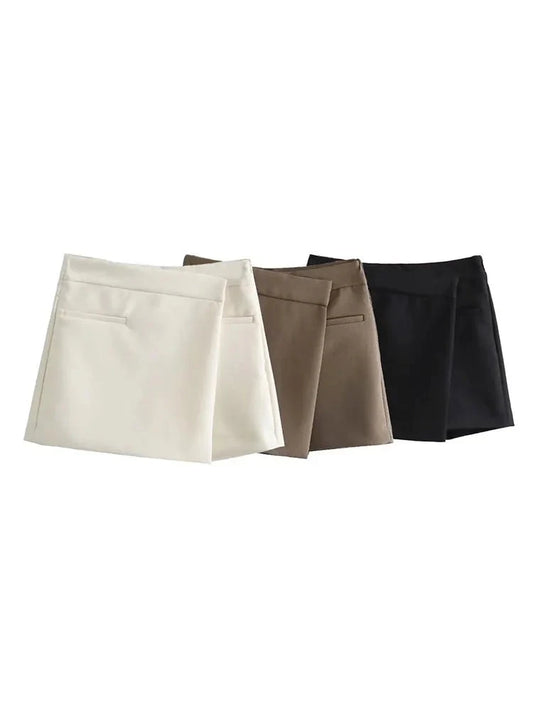 TRAFZA Fashion Solid Culottes For Women 2024 Summer Female Asymmetrical High Waist A-Line Version Slim Fit Casual Pantskirts