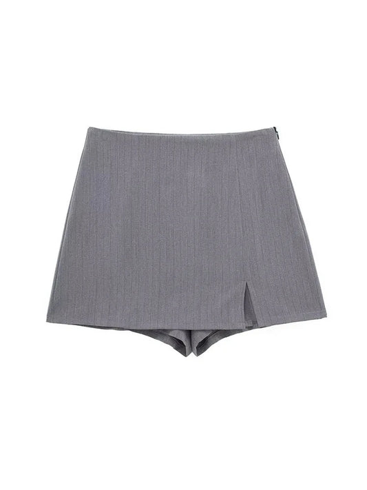 TRAFZA Female Casual Sexy Culottes Grey Pinstripes High Waist Slit Decorate Zipper Short Pants Summer Shorts Woman 2024 Trendy