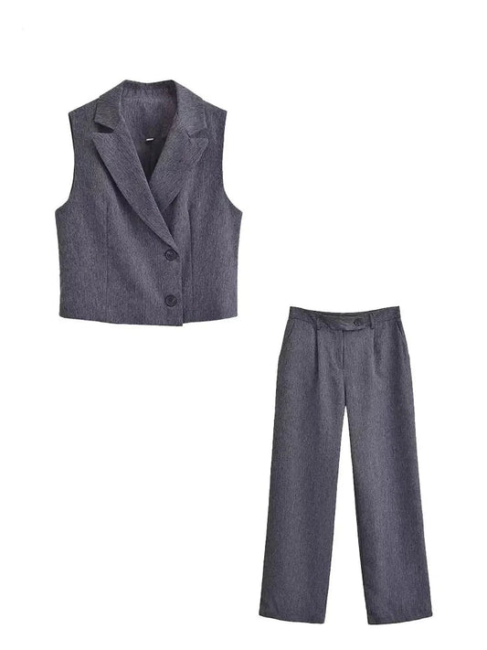 TRAFZA Spring Women's Office Vest Suit V-neck Blazer Casual Vest + High-waisted Women's Wide Pants Zipper Trousers 2-piece Set