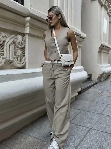 TRAFZA Women Set Solid V-Neck Sleeveless Single-Breasted Vest+High Waist Elastic Waist Pockets Drawstring Pant Female Suit