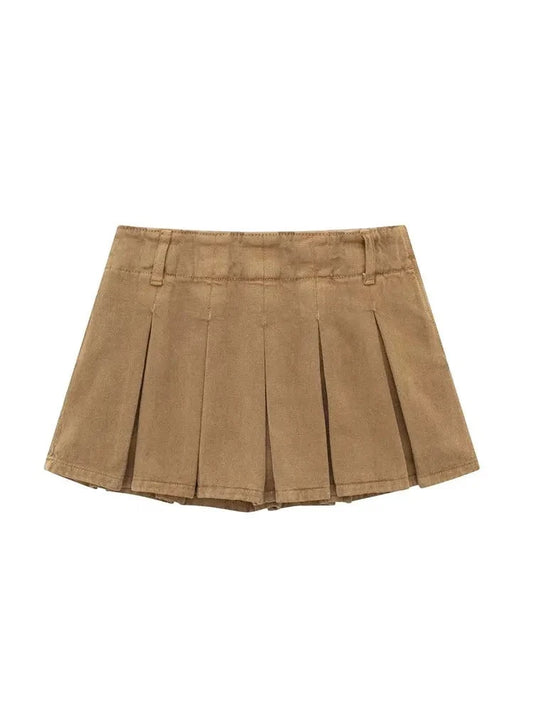 TRAFZA Summer Low Waist Pleated Side Pull Casual Skirt Ultra Short Women's Mini Skirt Women's Retro Khaki Short Culottes Y2K