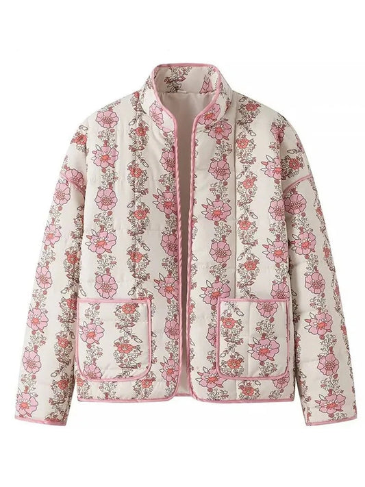 TRAFZA Spring New Female Contrast Color Pink Flower Print Stand Neck Quilted Coat Woman Vintage Long Sleeve Loose Outerwear