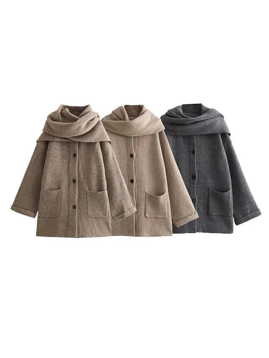 TRAFZA Knitted Coats With Scarf For Women 2024 Winter Single Breasted Elegant Casual Pockets Long Sleeves Solid Warm Loose Coats