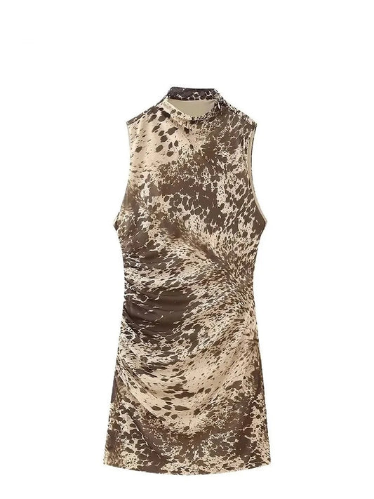 TRAFZA Woman Sleeveless Short Dresses Women 2024 Bodycon Female Dress Animal Print Tulle Dress Women Pleated Mini Dress