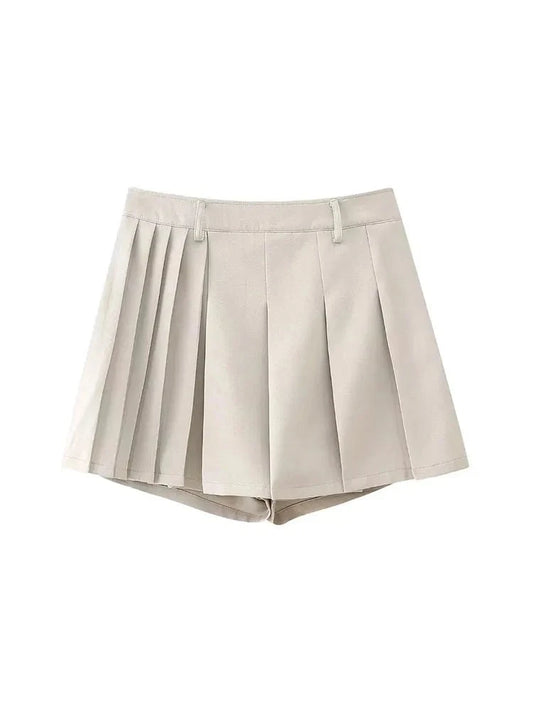 TRAFZA 2024 Women's Casual Culottes Female Vintage High Waist Solid Pantskirt Pleated A-Line Version Elegant Gentle Culottes