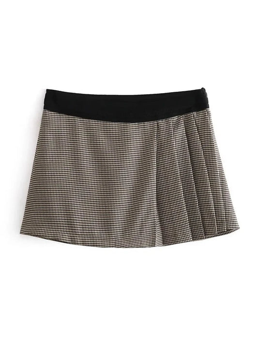 TRAFZA Fashion Woman Vintage Splicing High Waist Shorts Women Chic Plaid Pleated Side Zipper Mini Skirt Shorts Streetwear