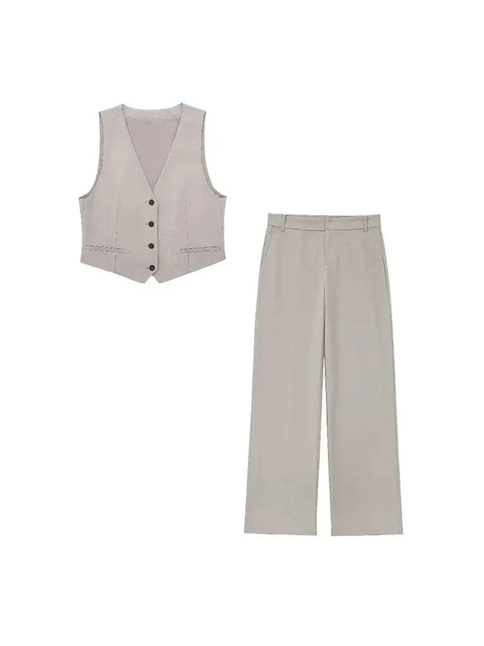 TRAFZA Women's Slim Fit Sleeveless Single Breasted Suit Vest Vest Set Elegant Women's Fashion Solid Color Office Suit Pants