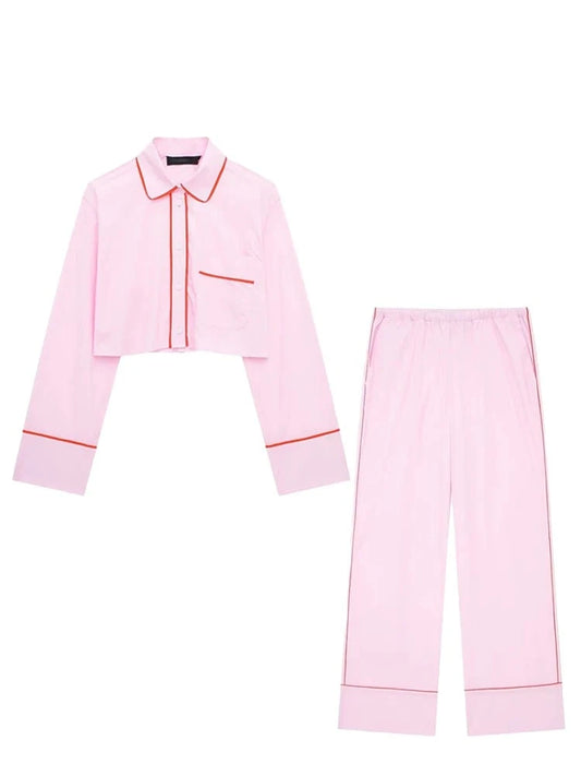 TRAFZA Woman Pink Turn-Down Collar Long Sleeves Single Breasted Shirts+Mid Waist Lace-Up Wide Leg Pant Female Spring Suits 2024