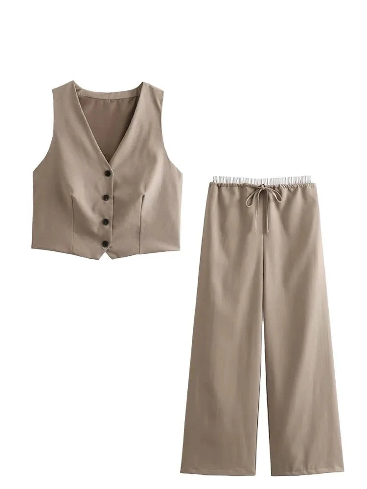 TRAFZA Women Set Solid V-Neck Sleeveless Single-Breasted Vest+High Waist Elastic Waist Pockets Drawstring Pant Female Suit
