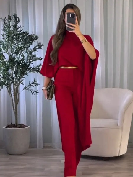 TRAFZA Women's Fall Fashion Red Satin Asymmetrical Cape Shirt Round Neck Ladies Long Shirt Chic Tops Casual Vacation Style