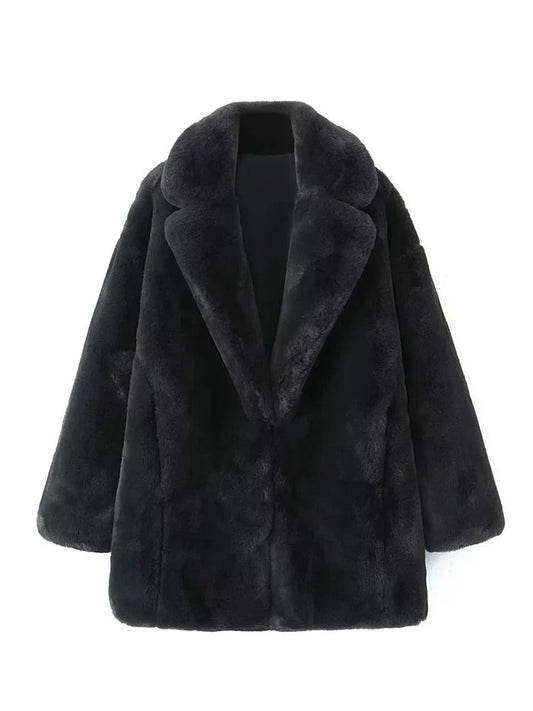 TRAFZA Warm 2024 Winter Artificial Fur Loose Solid Thick Women Coat Faux Fur Long Sleeve Single Breasted Jacket Female Overcoat