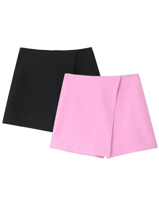 TRAFZA Female Casual Asymmetric Culottes Solid High Waist Slit Decorate Zipper Shorts Summer Short Pants Woman 2024 Trendy